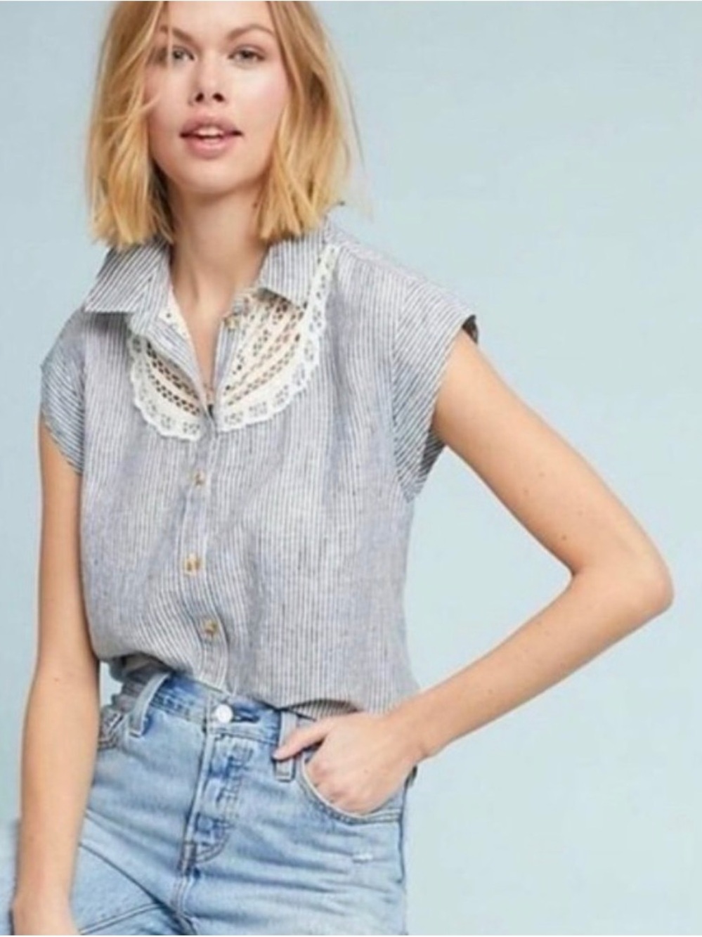 Anthropologie Gray Striped Lace-Yoke Button Front Top